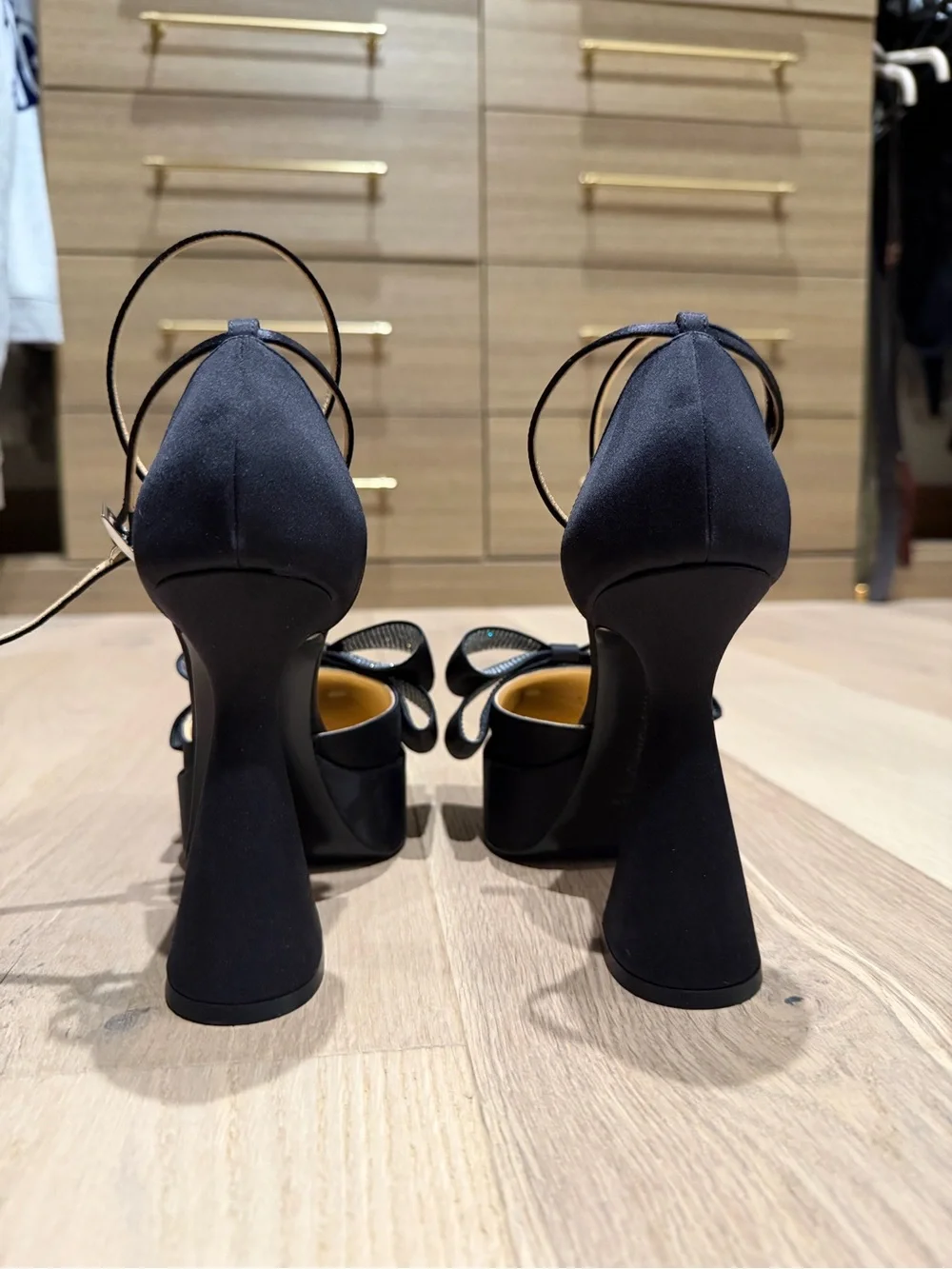 Mach & Mach Black Satin Platform Ankle-Strap Sandals with rhinestone Bow